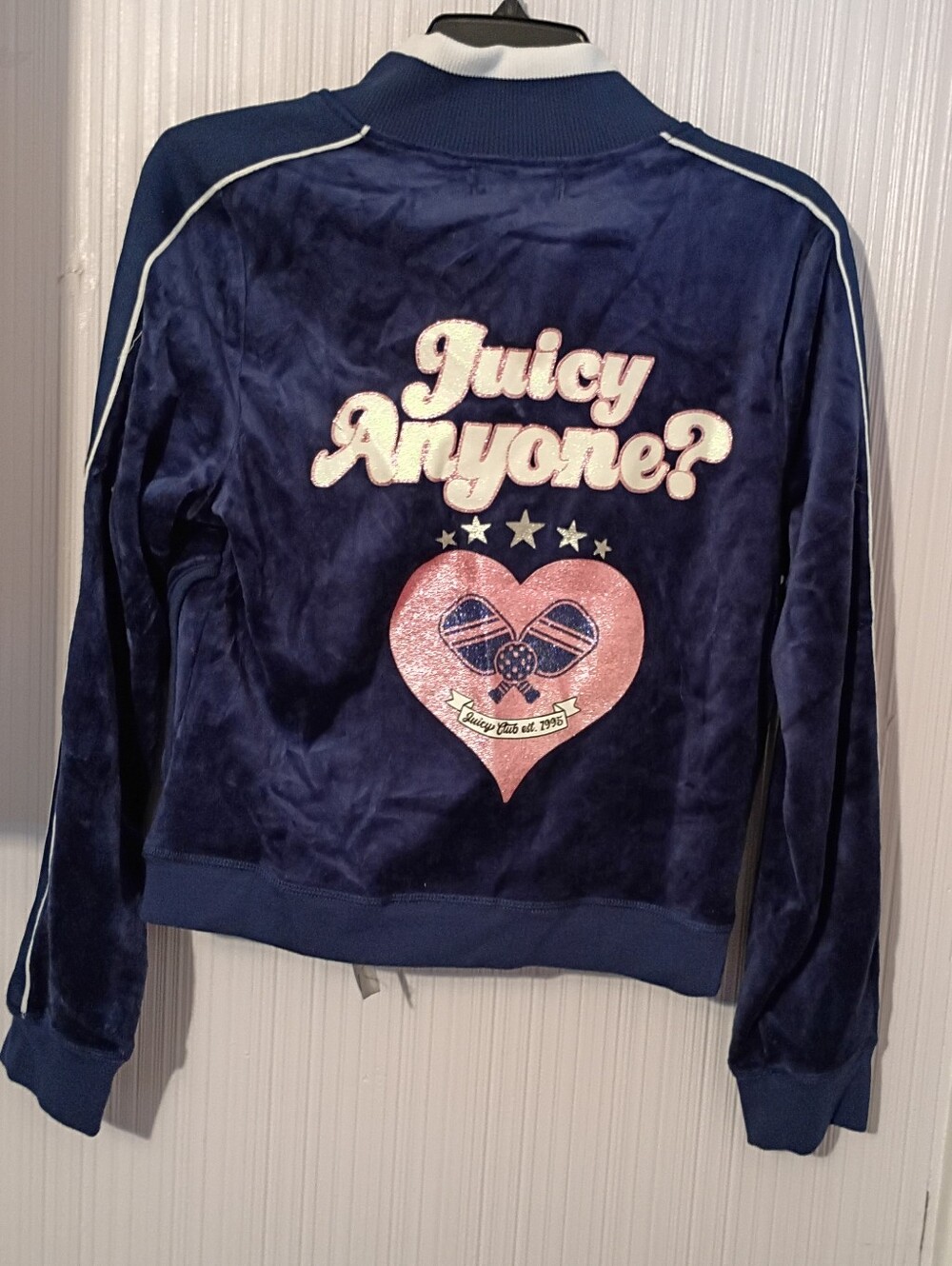 New Juicy Couture Blue/White velour track jacket Sz Large "Juicy Anyone?"